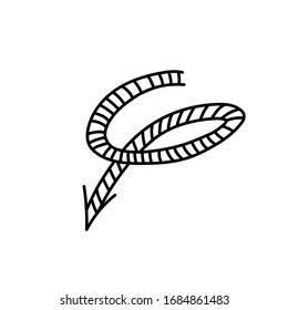 Flecha de línea negra dibujada a mano en ilustración de vector blanco. Signo de dirección hacia abajo a la izquierda del perro. Símbolo de contorno de curva de esbozo. Elemento de diseño gráfico empresarial. Icono aislado. Cursor. Puntero.
