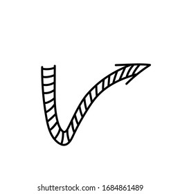 Handgezeichneter schwarzer Zeilenpfeil auf weißer Vektorillustration. Doodle links rechts nach unten Richtungsschild. Umrisssymbol der Skizze. Gestaltungselement für Geschäftsgrafiken. Isolierte Ikone. Cursor. Zeiger.