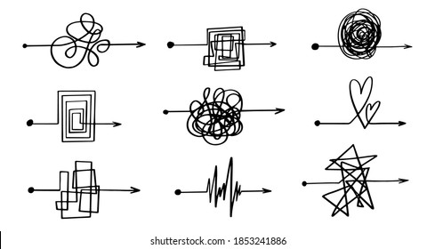 Hand drawn black line arrow clew chaos ball complicated on white background. Vector simple round, square, heart shape love mind abstract icon illustration. Business process concept.