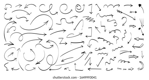 Hand drawn black line arrows set. Doodle left right down direction sign collection. Sketch curve arrow cursor symbols. Business growth up graphic design elements. Isolated on white vector illustration
