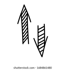 Hand drawn black line arrows on white vector illustration. Doodle left right down direction sign. Sketch curve outline symbols. Business graphic design elements. Isolated  icons. Cursor. Pointer.