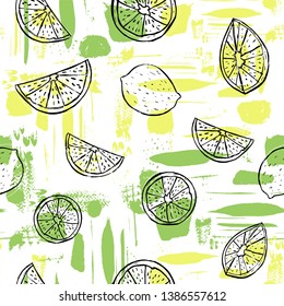 Hand drawn black line art citrus fruit on colorful abstract brush stroke background. Seamless vector pattern. Great for home decor, fabric, stationery, paper goods.