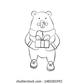 hand drawn black line bear with gift, scarf. Vector illustration