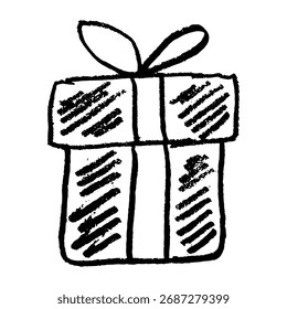 Desenhado à mão linha preta rabiscar de uma caixa de presente com um arco de fita. Ícone de contorno simples e desenho de esboço à mão livre rápido em estilo minimalista para celebração, aniversário, Natal ou design com tema presente.