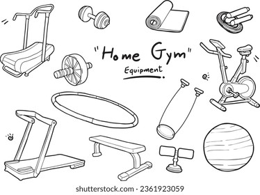 A hand drawn black line drawing on a white background about home exercise equipment that can help with weight loss and body shape that you can have at home to facilitate exercise.