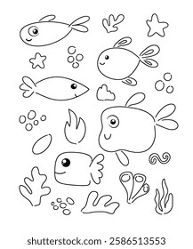 Hand drawn black line drawing image of a fish and marine coloring page vector illustration