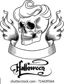 Hand drawn black line a female skull with blonde hair. Illustration in linear style isolated on white background. Hand drawn lettering Halloween. Biker Ribbon for an inscription. Art for greeting card