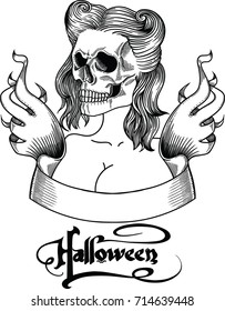 Hand drawn black line a female rockabilly skull . Illustration in linear style isolated on white background. Hand drawn lettering Halloween. Biker Ribbon for an inscription. Art for greeting card