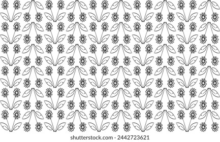 Hand drawn black line of flower horizontal row pattern repeat seamless pattern design for fabric print, flora patter up and down, upside down