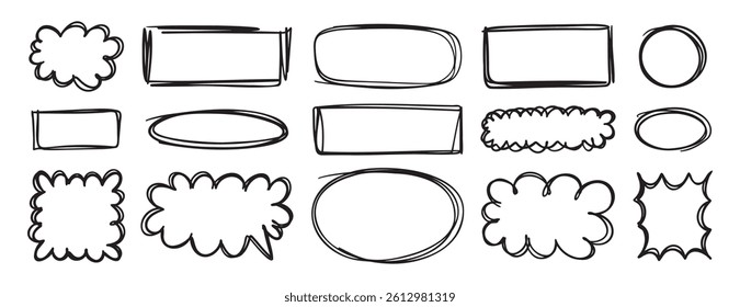 hand drawn black line frames for text box or photo. Scribble lines empty frame elements doodle stroke. Vector illustration