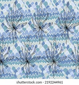 Hand drawn black line geometric doodle, abstract blue pastel seamless wallpaper. Cute vector sea pattern for paper, fabric textile, home.