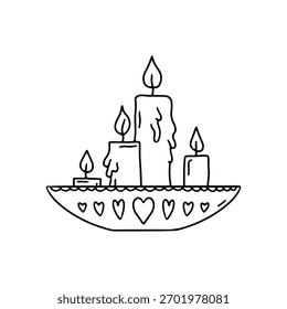 Handgezeichnete schwarze Linie Gruppe von Kerzen im Halter Symbol, Vektorgrafik einzeln auf weißem Hintergrund