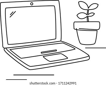 Hand drawn black line illustration of workplace with laptop and plant. Remote work, comfort, stay at home. Quarantine, freelance concept. Vector