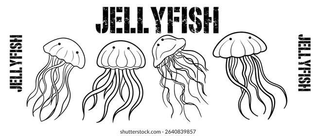 Hand drawn black line jellyfish isolated on white background. Vector illustration of marine animals.