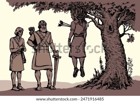 Hand drawn black line jew human guy ride mule lost chase kid child boy wild wooden land field plant leaf garden white sky. Sick ill girl victim crisis knight leader fall suffer sketch art win story