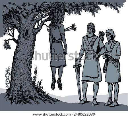 Hand drawn black line jew human guy ride mule lost chase kid child boy wild wooden land field plant leaf garden white sky. Sick ill girl victim crisis knight leader fall suffer sketch art win story