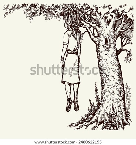 Hand drawn black line jew human guy Joab chase lost king child boy big wood land leaf folliage white sky field. Misery poor crisis sick ill girl victim fall suffer weapon help cartoon sketch art story