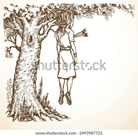 Hand drawn black line jew human guy Joab chase lost king child boy big wood land leaf folliage white sky field. Misery poor crisis sick ill girl victim fall suffer weapon help cartoon sketch art story