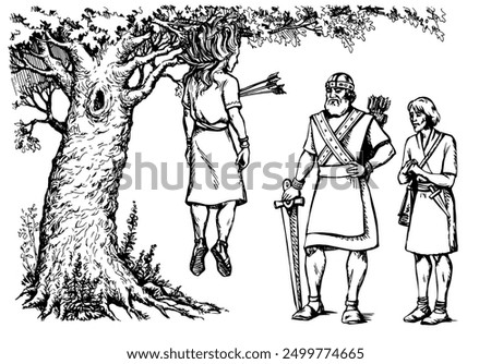 Hand drawn black line jew human guy ride mule lost chase kid child boy wild wooden land field plant leaf garden white sky. Sick ill girl victim crisis knight leader fall suffer sketch art win story