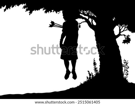 Hand drawn black line jew human guy Joab chase lost king child boy big wood land leaf folliage white sky field. Misery poor crisis sick ill girl victim fall suffer weapon help cartoon sketch art story