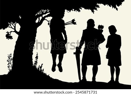 Hand drawn black line jew human guy ride mule lost chase kid child boy wild wooden land field plant leaf garden white sky. Sick ill girl victim crisis knight leader fall suffer sketch art win story