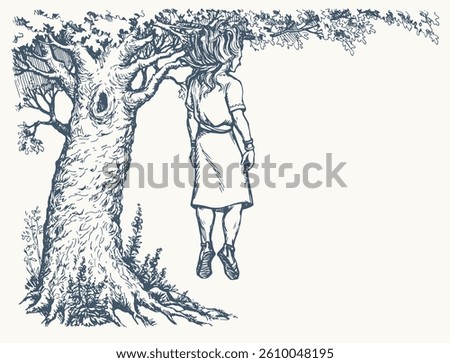 Hand drawn black line jew human guy Joab chase lost king child boy big wood land leaf folliage white sky field. Misery poor crisis sick ill girl victim fall suffer weapon help cartoon sketch art story