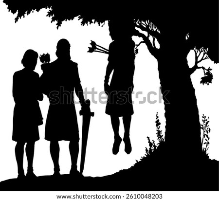 Hand drawn black line jew human guy ride mule lost chase kid child boy wild wooden land field plant leaf garden white sky. Sick ill girl victim crisis knight leader fall suffer sketch art win story