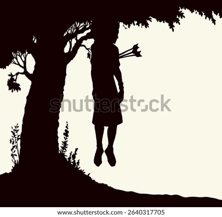 Hand drawn black line jew human guy Joab chase lost king child boy big wood land leaf folliage white sky field. Misery poor crisis sick ill girl victim fall suffer weapon help cartoon sketch art story