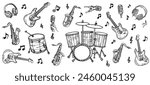 hand drawn black line of music instruments. guitar, saxophone, drum doodle vector set.