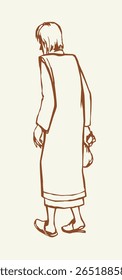 Linha preta desenhada à mão após idade retrô chateado preocupação velho deus gospel fé arte esboço estilo céu branco. Triste judeu menina traidor andar ganhar 30 prata moeda salário carteira ícone ícone do sinal do oriente médio islã história árabe