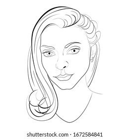 Hand drawn black line portrait of a beautiful young woman. Vector illustration 