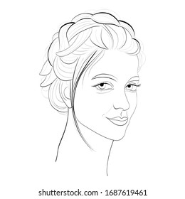 Hand drawn black line portrait of a half-turned pretty young woman. Vector illustration isolated on white background