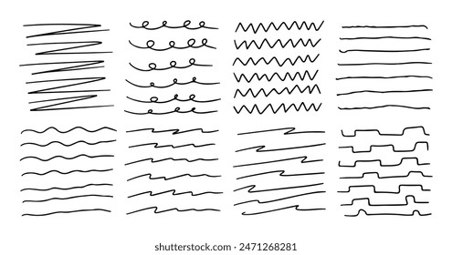 Líneas negras dibujadas a mano por lápiz. Trazos de garabato, subrayado con lápiz. Pincel garabatos, marcos, bordes, Elementos de diseño.