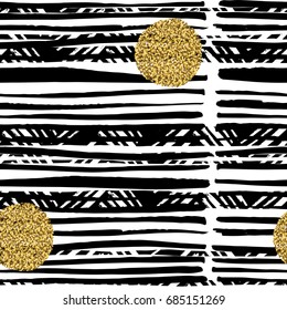 Hand drawn black lines on white background seamless pattern. Golden dots seamless design.