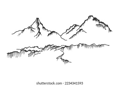 Hand drawn black lines sketch mountain. Drawing vintage of two mountains and silhouette rocky hill vector illustration