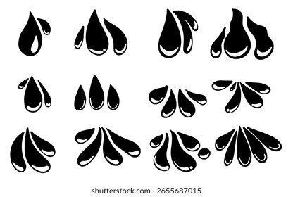 Hand drawn black liquid drops vector set. Doodle water drop, abstract splatter and drip icons