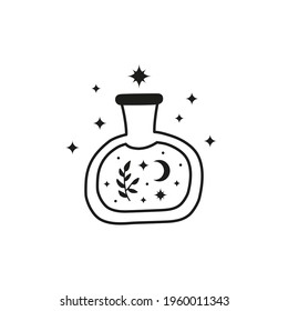Hand drawn black magic potion in glass bottle with leafy branch, stars and crescent moon isolated on white background. Alchemy flask. Witchcraft icon. Boho chic tattoo.