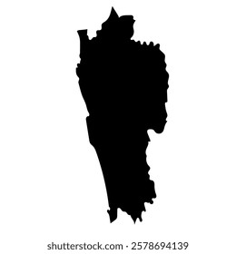 Hand drawn black map of Mizoram, Indian state. Silhouette, geography. Vector isolated on white background