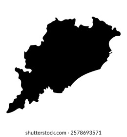 Hand drawn black map of Odisha, Indian state. Silhouette, geography. Vector isolated on white background