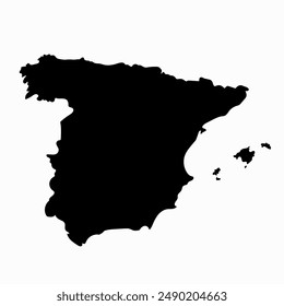 Mapa negro dibujado a mano de España. Silueta, geografía de Europa. Madrid, Barcelona, Valencia. Vector aislado sobre fondo blanco