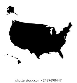 Hand drawn black map of USA. Silhouette, North America geography. United states of America, Alaska, Hawaii. Vector isolated on white background	