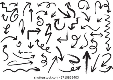 Handgezeichnete schwarze Markierungspfeile - grobe Skizze Richtungszeiger Symbole und Doodle Stroke Pfeile Vektor
