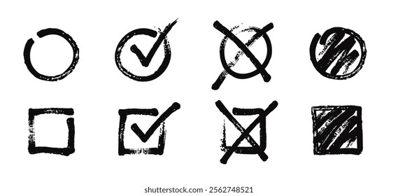 Hand drawn black marker check marks, blank and checked checkboxes. Handwritten grunge circle and square frames with tick and cross symbols, vote checkbox, sketch checklist marks vector set