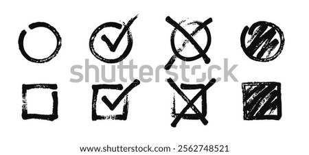 Hand drawn black marker check marks, blank and checked checkboxes. Handwritten grunge circle and square frames with tick and cross symbols, vote checkbox, sketch checklist marks vector set