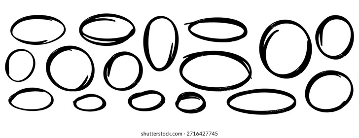 Hand drawn black marker circle and oval highlight swoops set isolated on white background