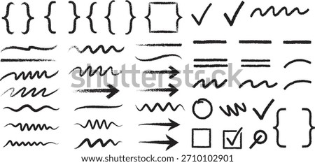 Hand drawn black marker doodle set with curly braces arrows checkmarks and wavy underlines for design elements