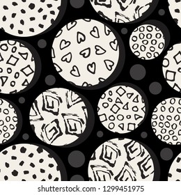 Hand drawn black marker and ink seamless patterns. Hand drawn circles, dots, squares hearts. Scribble for children. Background of dots drawn by hand