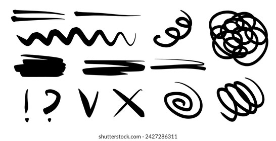 Hand Drawn Black Marker lines and squiggle set. Vector Wavy line, Check mark, Twirl and Smears, isolated on White. Naive Doodle sketchy lines pack. Childish, Doodle free drawing.