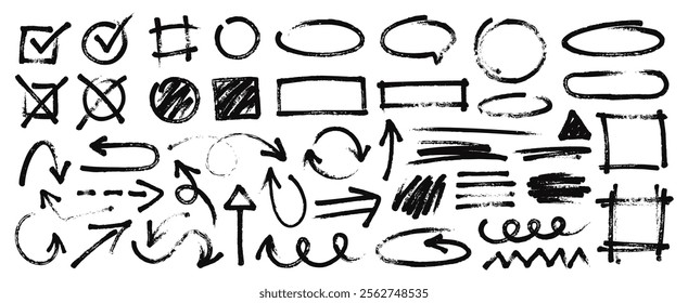 Hand drawn black marker lines, frames, arrows, rough sketch shapes and circles. Grunge ink brush underline strokes, bold scribbles, check marks, dry permanent markers doodle elements vector set