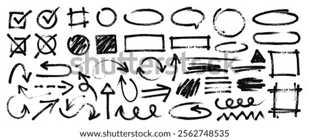 Hand drawn black marker lines, frames, arrows, rough sketch shapes and circles. Grunge ink brush underline strokes, bold scribbles, check marks, dry permanent markers doodle elements vector set